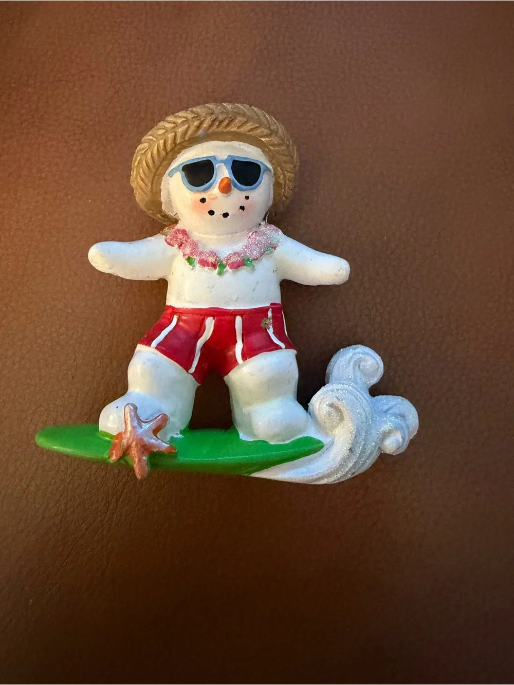 Snowman Hawaiian on Surfboard Christmas Ornament